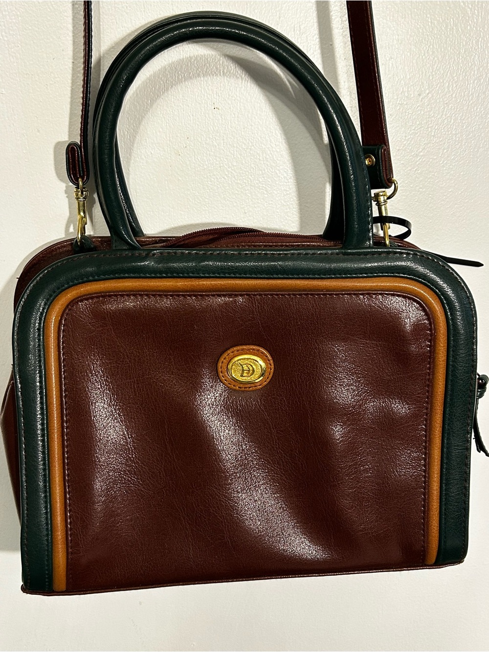 Dunhill. Women’s Brown Leather Satchel with Green and Tan Trim